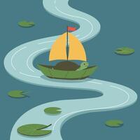 Turtle sailing small boat with yellow sail on winding river with lily pads illustration vector