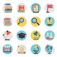 Education and Science Icons Set with Books Magnifying Glass and Laboratory Equipment Illustration vector