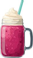 Pink berry smoothie with cream topping in glass jar with handle and straw illustration vector