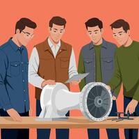 Group of young men working on mechanical project with turbine engine illustration vector
