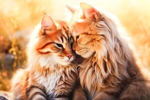 Two cats are sitting next to each other, one of which has a pink nose photo