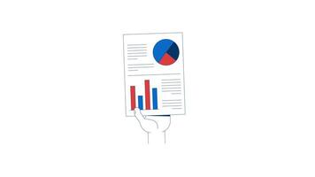 Hand holding pie and bar chart infographic report 2D animation. Piechart, barchart. Corporate paperwork presentation animated cartoon arm human body part 4K isolated on white transparent video