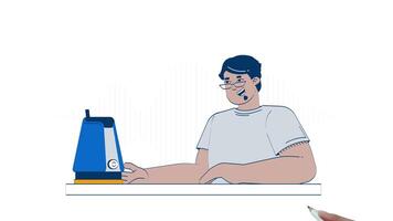 AI voice assistant device hand drawn whiteboard animation. Virtual helper. Arab man interacting with smart speaker technology animated 2D character doodle art, pencil drawing scribble 4K video