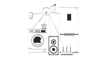 Connected via Wi-Fi smart home appliances doodle outline animation. IoT fridge, washing machine, alarm clock, speaker, lightbulb animated sketch 2D concept isolated on white. 4K motion graphic video