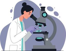 Female scientist examining sample under microscope in laboratory illustration vector
