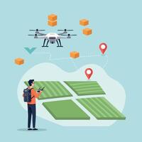 Drone Delivery Service with Operator Controlling Parcels over Agricultural Fields Technology vector