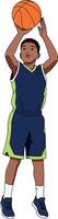 Young boy basketball player shooting ball in navy and green uniform illustration vector