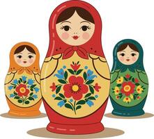 Russian Matryoshka Nesting Dolls with Floral Patterns in Red Orange and Green Colors Illustration vector
