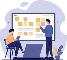 Teamwork planning meeting with digital devices and sticky notes on board illustration vector