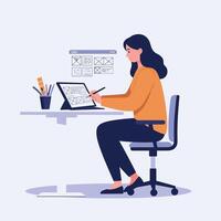 Woman working on digital tablet designing user interface with stylus at desk illustration vector