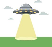 Flying saucer with yellow light beam over green field and cloudy sky illustration vector