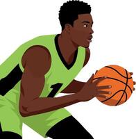 Basketball player in green uniform holding ball preparing to shoot illustration vector