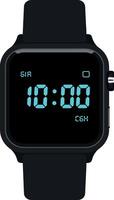 Digital smartwatch with black band and blue time display illustration vector