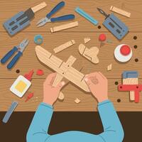 Hands assembling wooden airplane model with tools on workbench illustration vector