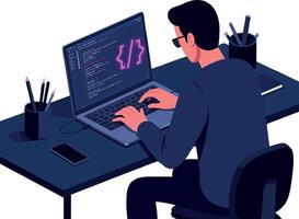 Programmer coding on laptop with dark desk and office supplies digital illustration vector