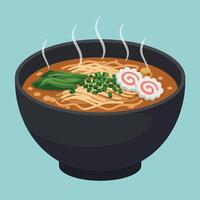 Steaming bowl of ramen noodles with vegetables and fish cake illustration vector