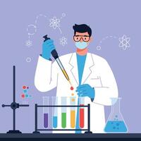 Male Scientist Conducting Chemical Experiment with Test Tubes in Laboratory Illustration vector