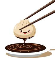 Cute Asian Dumpling with Chopsticks Dipping in Sauce Illustration vector