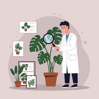 Scientist examining monstera plant with magnifying glass in laboratory setting illustration vector