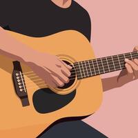 Acoustic guitar player strumming strings close up illustration with warm beige background vector