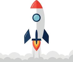 Rocket launching with red nose cone and blue fins illustration for space concept vector