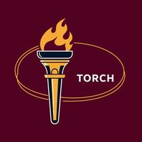 Torch logo design with flame and circular outline on dark red background illustration vector