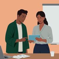 Two colleagues discussing business data using tablet in office workspace illustration vector