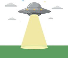 Flying saucer UFO with yellow spotlight beam over green field illustration vector