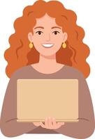Woman with curly red hair holding laptop smiling friendly digital device usage illustration vector