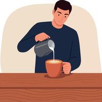 Man pouring milk into coffee cup at wooden table illustration vector