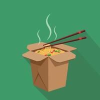 Instant noodles takeout box with chopsticks and steam on green background illustration vector