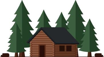 Wooden cabin surrounded by green pine trees illustration in simple style vector