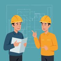 Construction workers discussing architectural blueprint in safety helmets illustration vector