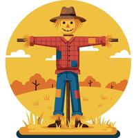 Scarecrow in autumn field with yellow background and patchwork clothes illustration vector