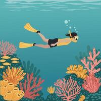 Scuba Diver Exploring Colorful Coral Reef Underwater Marine Life Scene Illustration vector