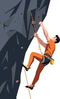 Rock climber ascending steep cliff in orange outfit using rope and harness illustration vector