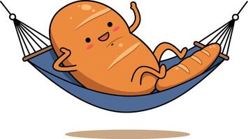 Relaxing cute bread cartoon character lying in hammock illustration vector
