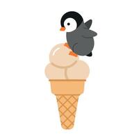 Cute penguin sitting on vanilla ice cream cone with waffle pattern illustration vector