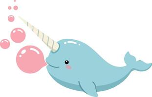 Cute blue narwhal blowing pink bubbles underwater cartoon illustration vector