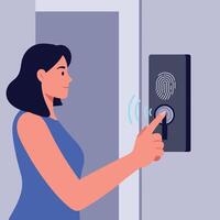 Woman using fingerprint scanner for secure access technology in modern building vector