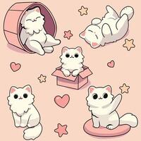 Kawaii white cat in different poses. vector
