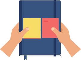 Hands Holding Blue Notebook with Yellow and Red Sticky Notes Illustration vector