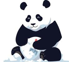 Cute playful panda bear digging snow with shovel illustration in black and white colors vector