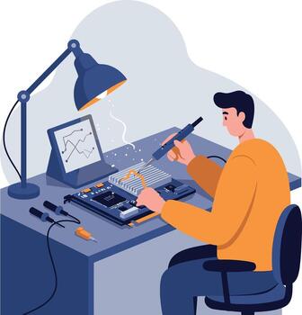 electrónica técnico reparando circuito tablero a banco de trabajo con escritorio lámpara ilustración vector