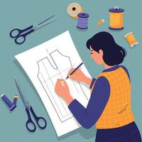 Woman drawing sewing pattern with scissors and threads in flat style vector