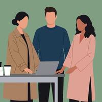 Diverse group of colleagues collaborating on laptop in casual office setting illustration vector