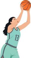 Female basketball player shooting ball in teal uniform illustration vector
