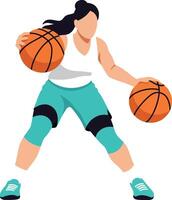 Female Basketball Player Dribbling Two Orange Basketballs Wearing Knee Pads and Sneakers vector