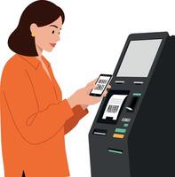 Woman Using Mobile Phone for ATM Transaction in Orange Jacket Illustration vector