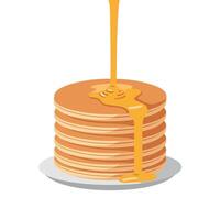 Stack of pancakes with honey pouring on top illustration in warm colors vector